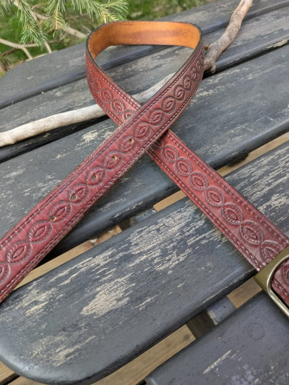 Vintage Western Leather Belt Brown Black Embossed Floral Longhorn Bull Buckle, S
